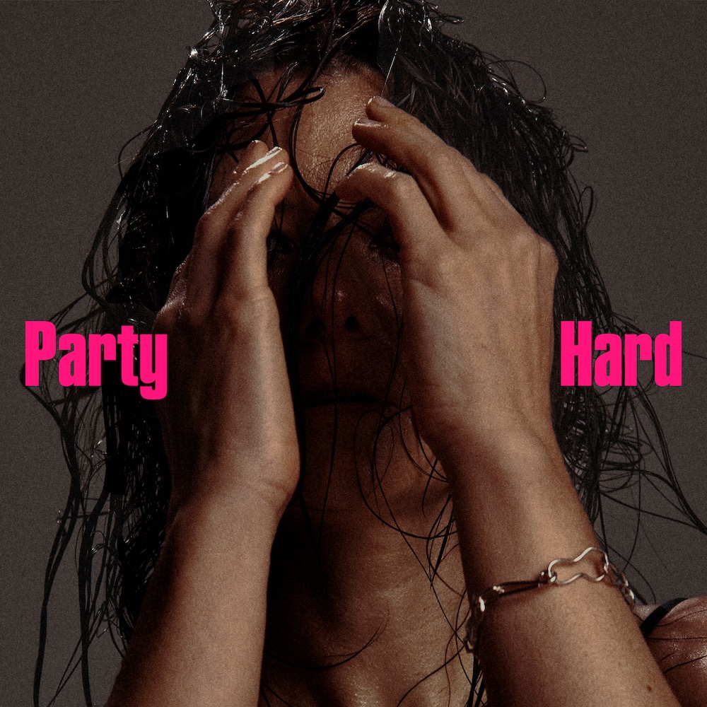 Album cover for Megawatt by Full Flower Moon Band featuring a person covering their wet hair and face with bold pink text reading "Party Hard."